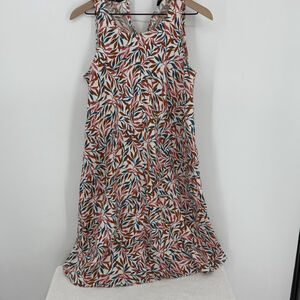 Lands End Women’s Small Dress Linen Midi Shift Red Beige Floral Leaf Sleeveless